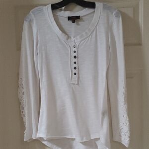 ABS Allen Schwartz Ivory Button-Front Blouse with Lace Sleeves